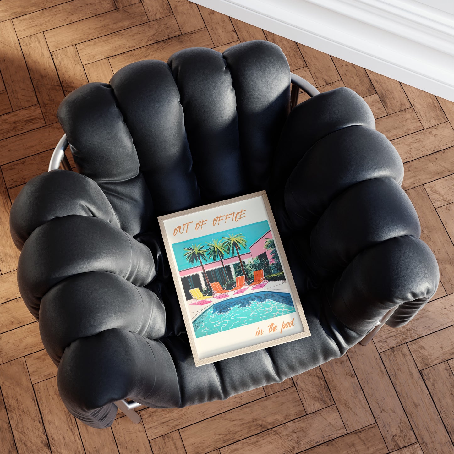 Unique vintage-inspired tropical poolside art print, ideal and trendy gift idea for art lovers and stylish home decor enthusiasts