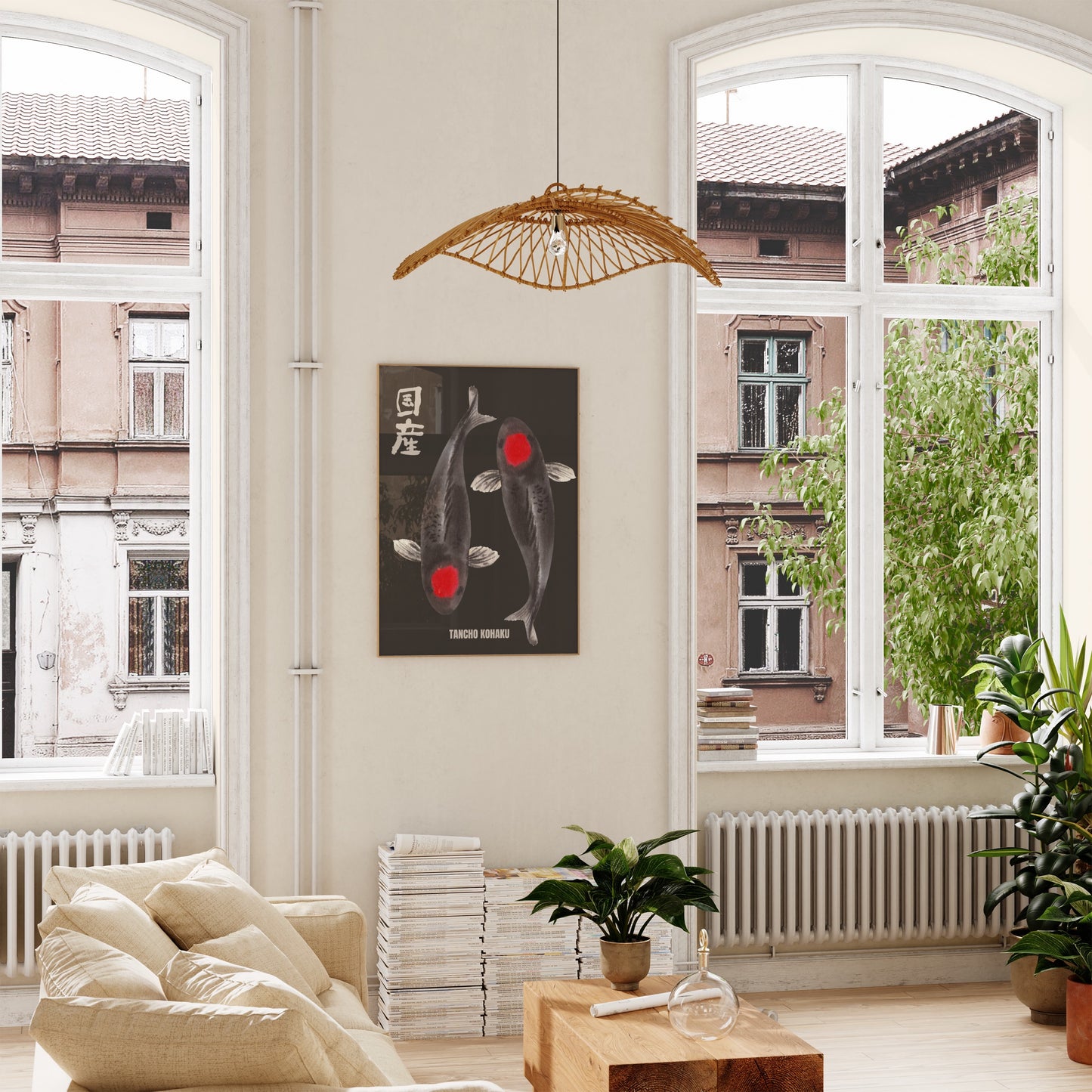 Museum-grade koi fish art print featuring Tancho Kohaku design, perfect wall decor for minimalist living spaces