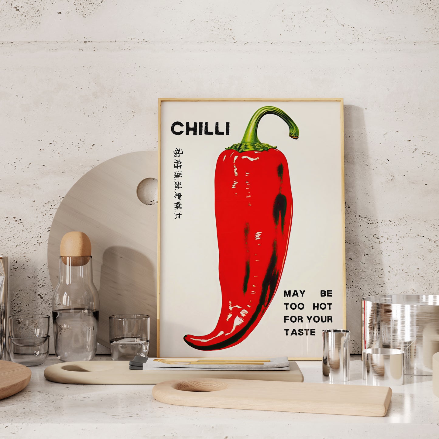 Red Hot Chilli Art Print hanging in modern kitchen, vibrant spicy food wall decor, retro kitchen art, foodie gift idea.