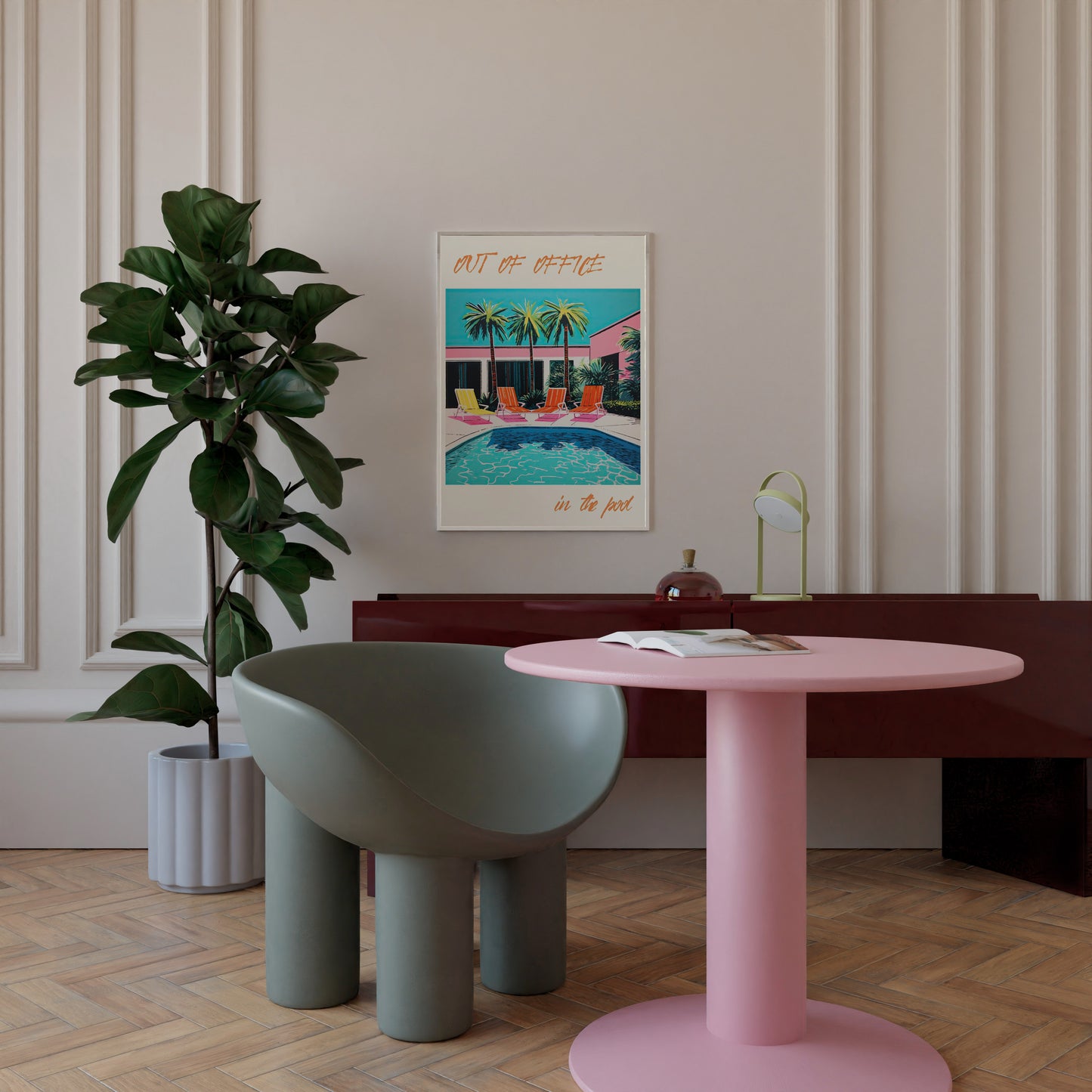 Retro Out of Office art print showing vibrant turquoise pool, palm trees, and colourful lounge chairs — perfect trendy wall decor for modern homes