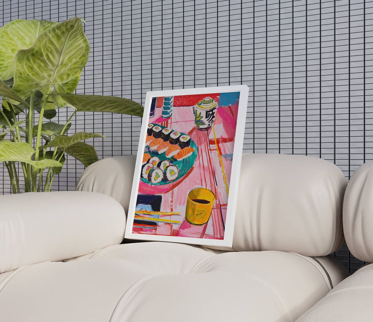 Eye-catching sushi table art print with vibrant colors and retro vibes, perfect for fans of Japanese food and unique decor.