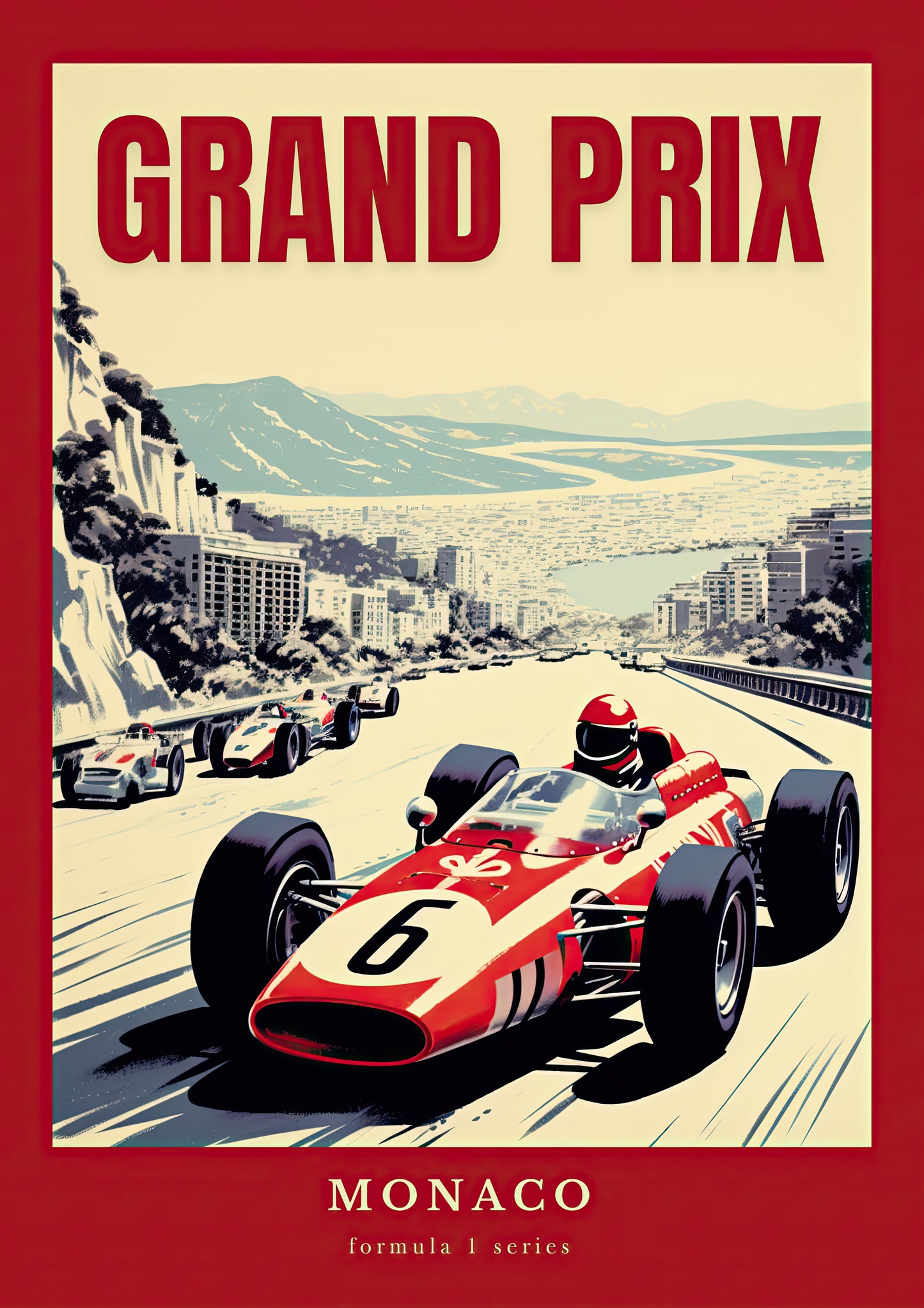 Vintage Monaco Grand Prix art print featuring classic red Formula 1 car racing through Monte Carlo streets on museum-grade paper