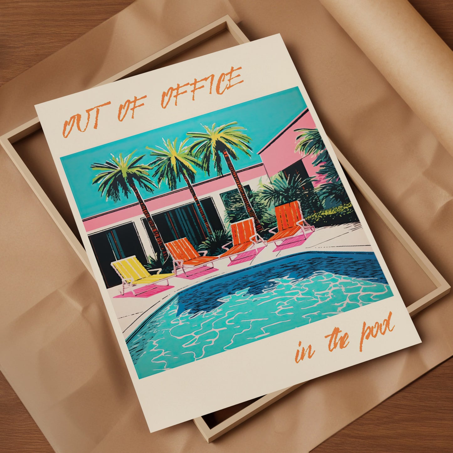 Eye-catching and bright retro Out of Office poolside art print, perfect for modern wall art collectors and unique home gift ideas