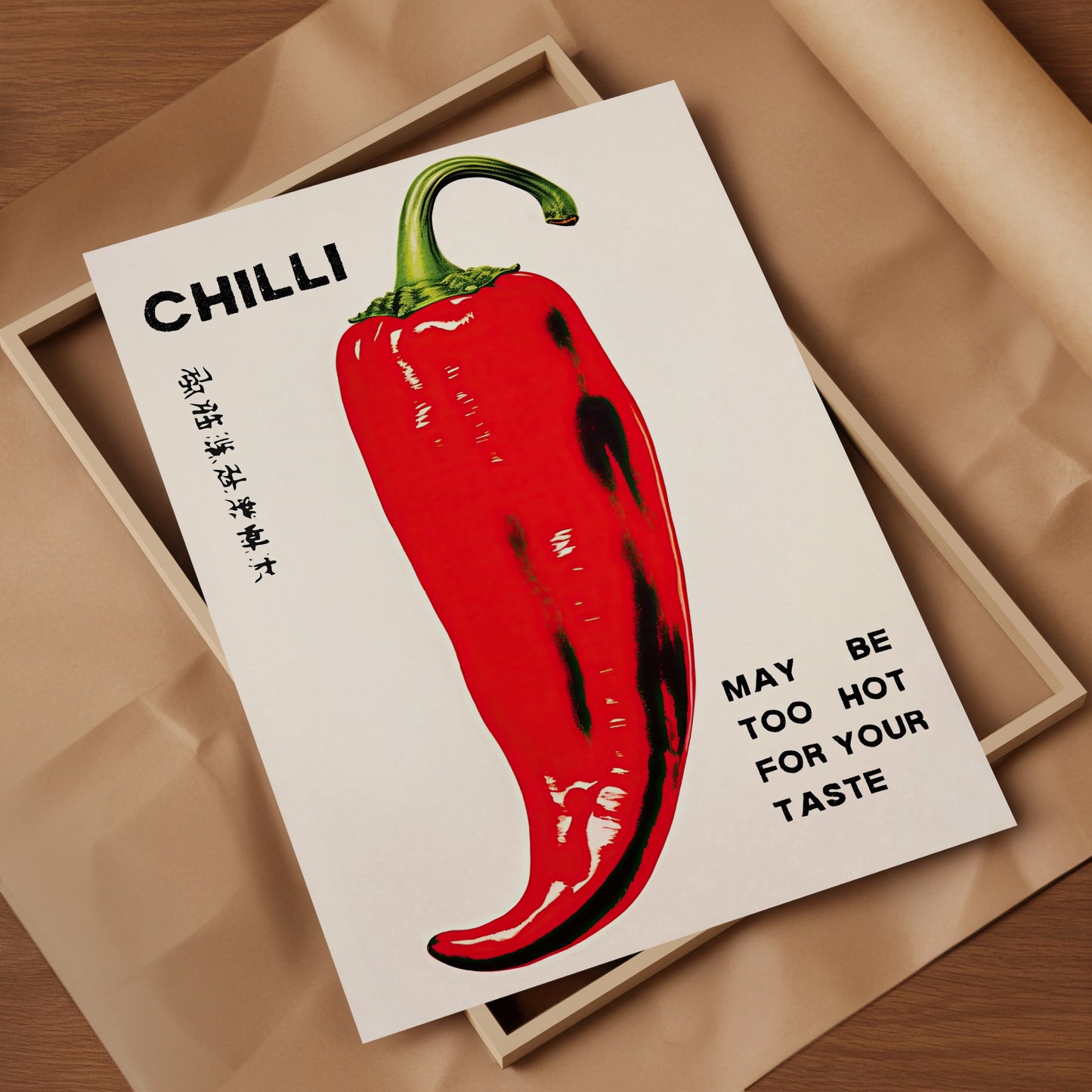 Close-up of museum-grade fine art paper texture with matte finish, high-quality red chilli pepper print, food-themed wall art