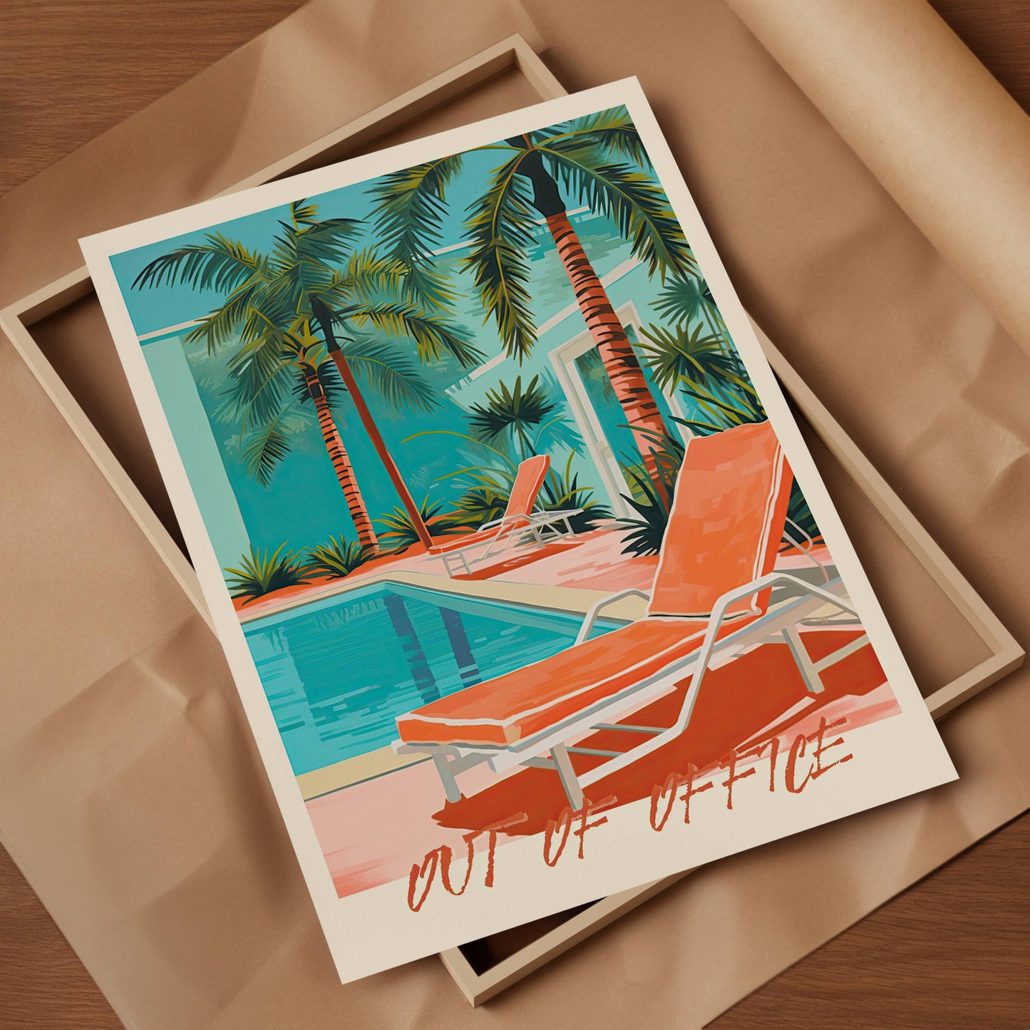 “Out of Office” colourful art print showcasing vibrant summer vibes, perfect unique home decor, stylish wall art, and thoughtful gift for art enthusiasts.