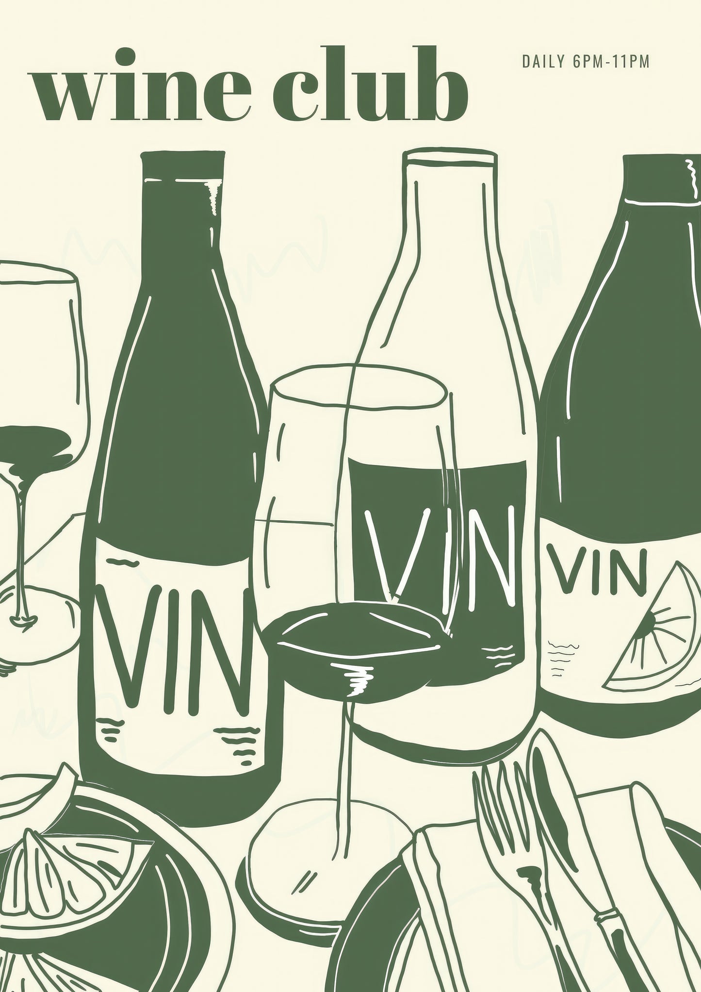 Illustrated wine bottles and glasses with ‘Wine Club’ text – fun green and beige bistro-style wall art