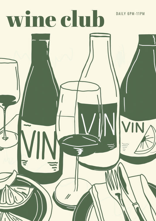 Illustrated wine bottles and glasses with ‘Wine Club’ text – fun green and beige bistro-style wall art