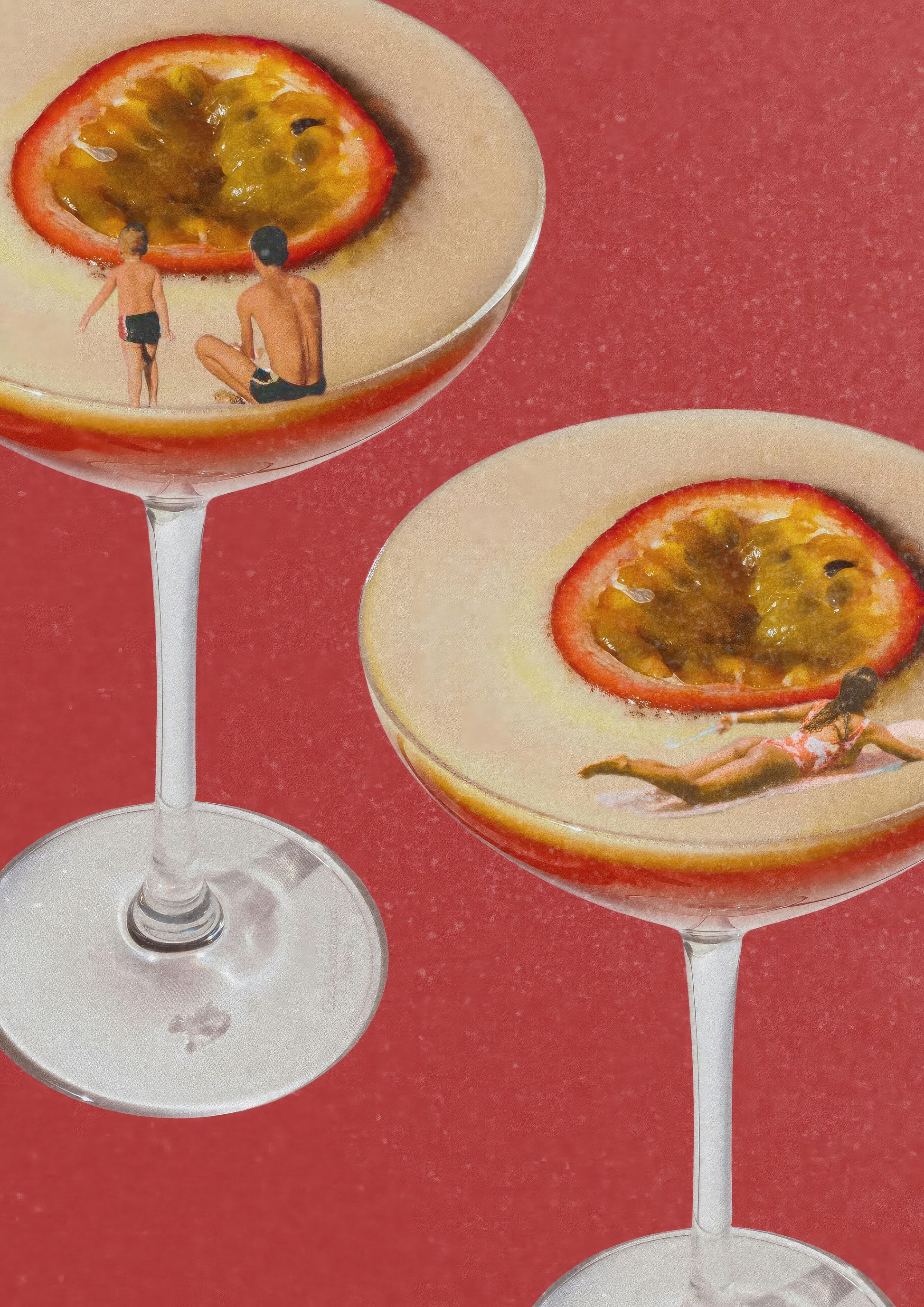 Bold Pornstar Martini art print featuring two vibrant cocktails with miniature surfers and swimmers on a grainy red background, perfect cocktail wall décor